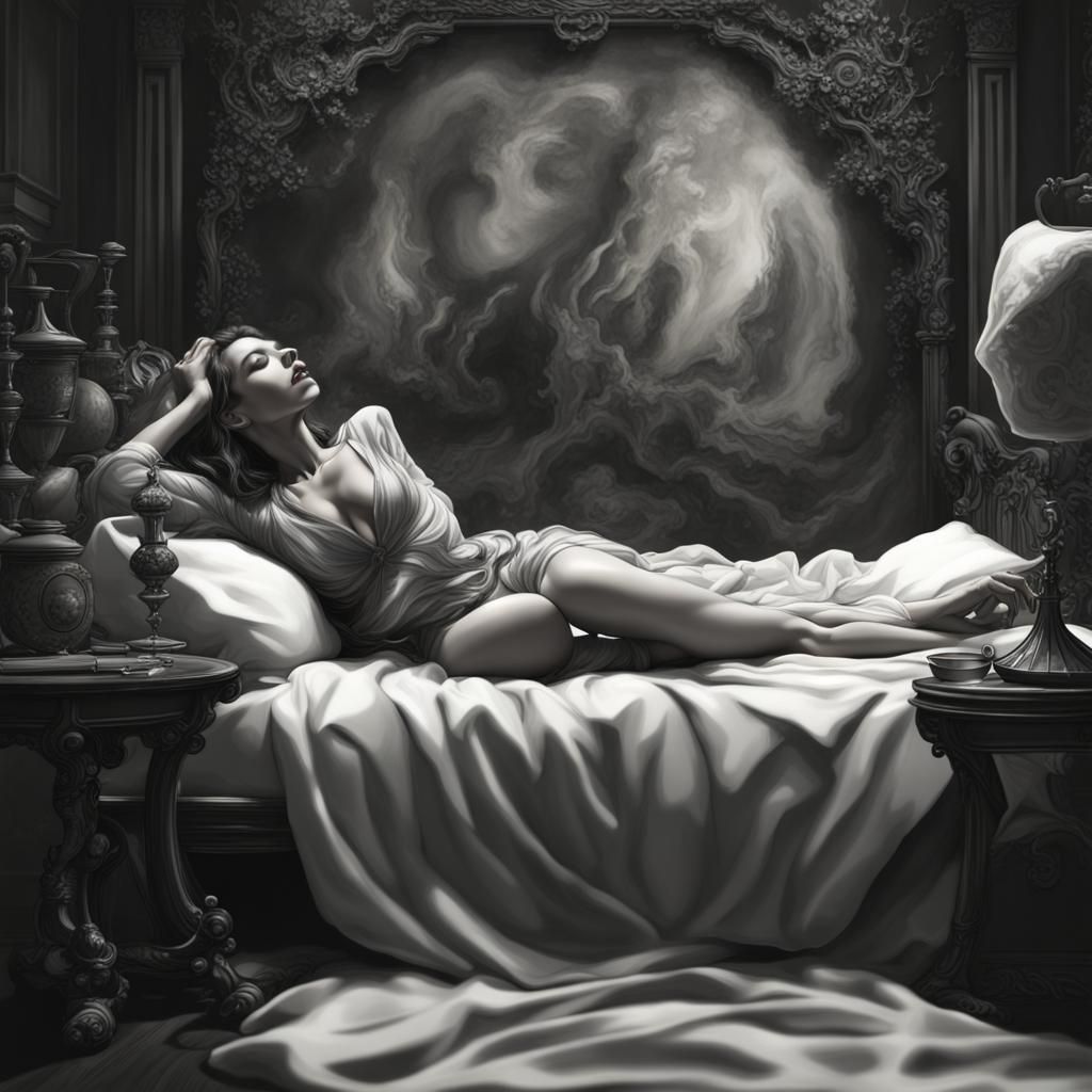 Dreaming Woman in Black and White Illustration
