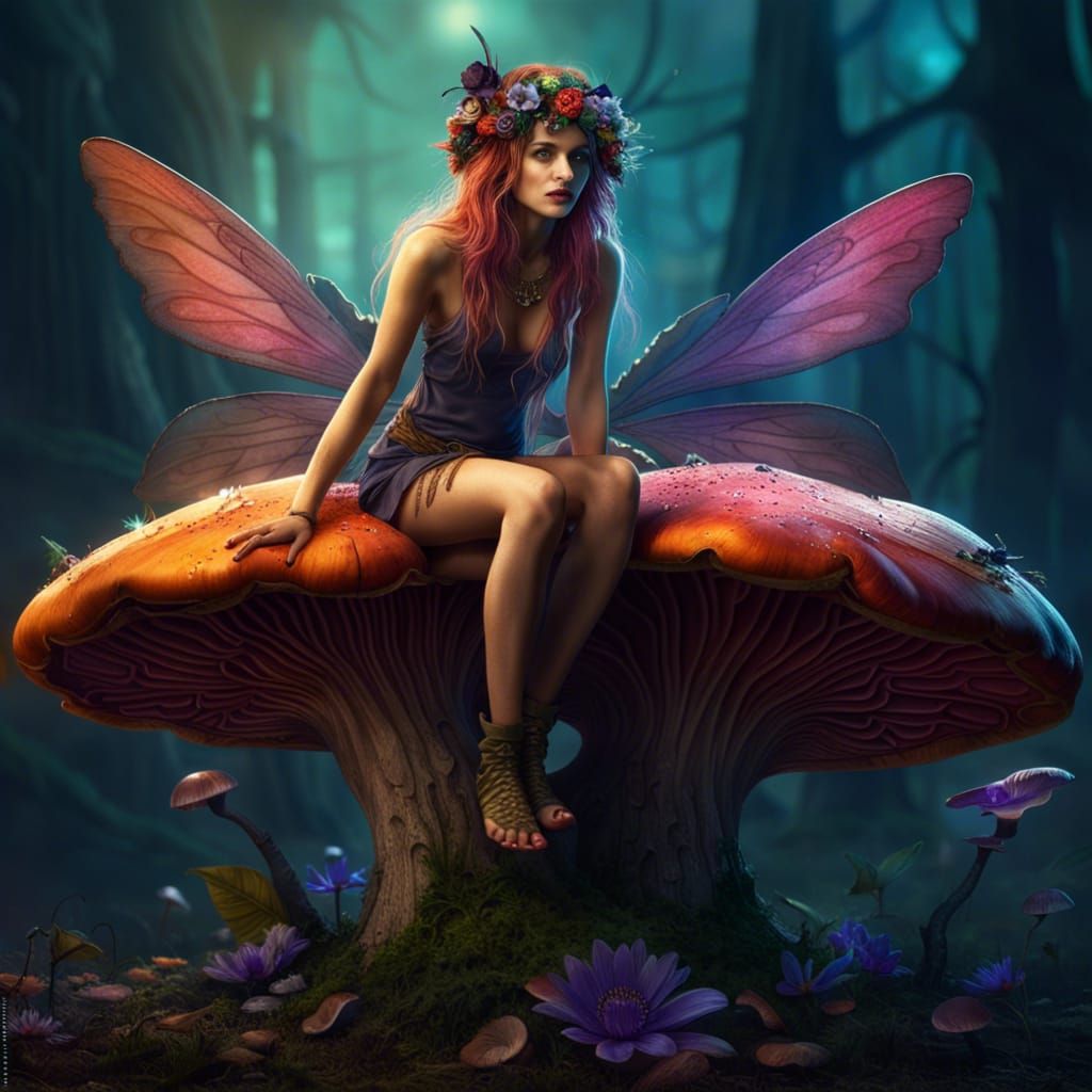 Fantasy Fairy on Mushroom, Detailed Matte Painting