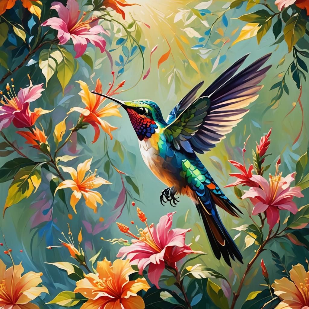 Hummingbird and Flower in Vibrant Oil Painting