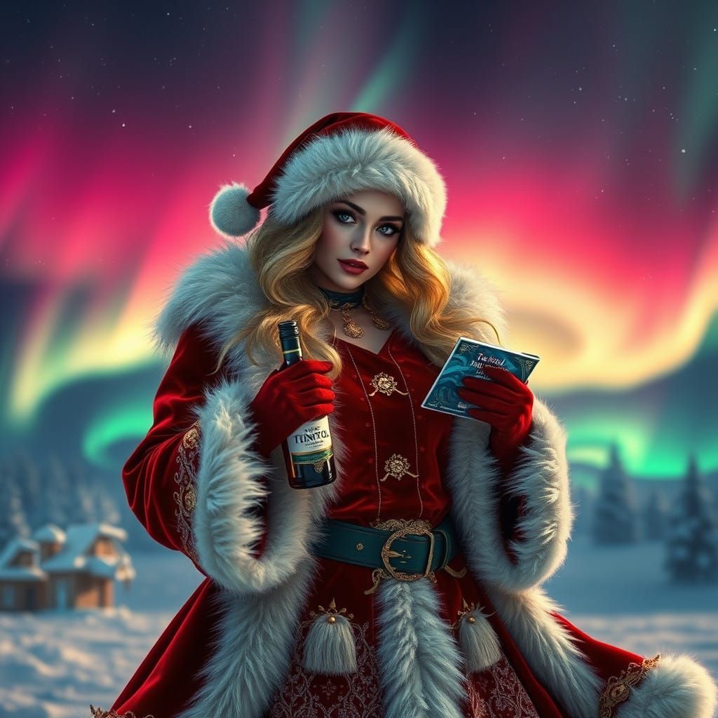 Luxurious Female Santa in Red Velvet Coat with Gold Trim and...