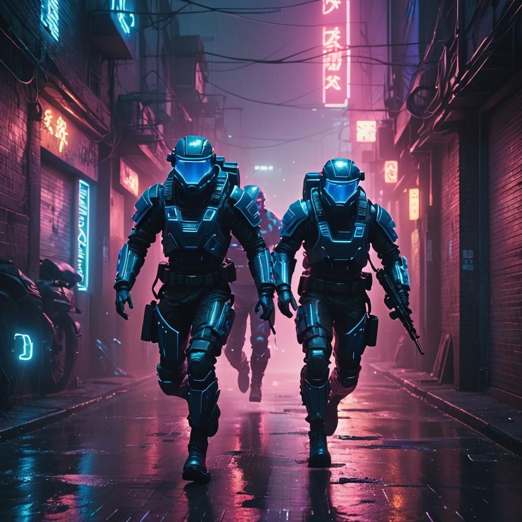 Synthwave Soldiers Chase Outsider in Neon Alleyway