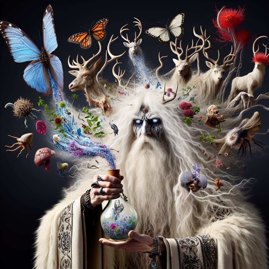 Surreal Shaman Flask Displaying Cycle of Life