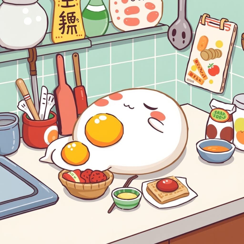 Colorful Gudatama Character in Playful Japanese Kitchen Scen...