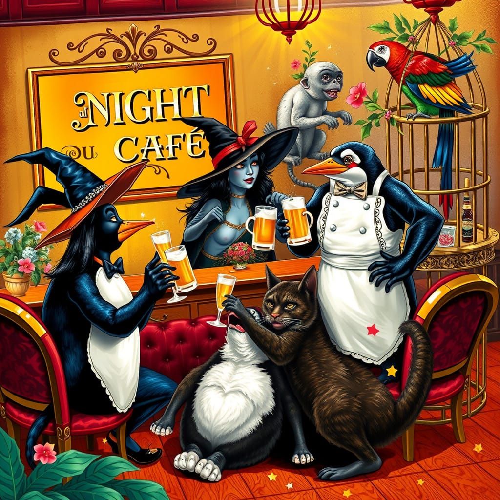 Elegant Night Café Scene in Warm Colors with Whimsical Chara...