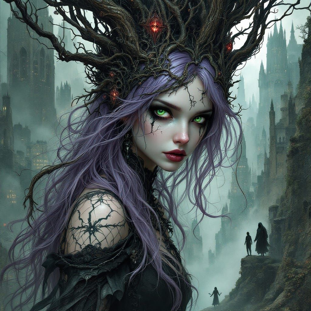 Gothic Fairy Overlaid with Cyberpunk Metropolis in Art Nouve...