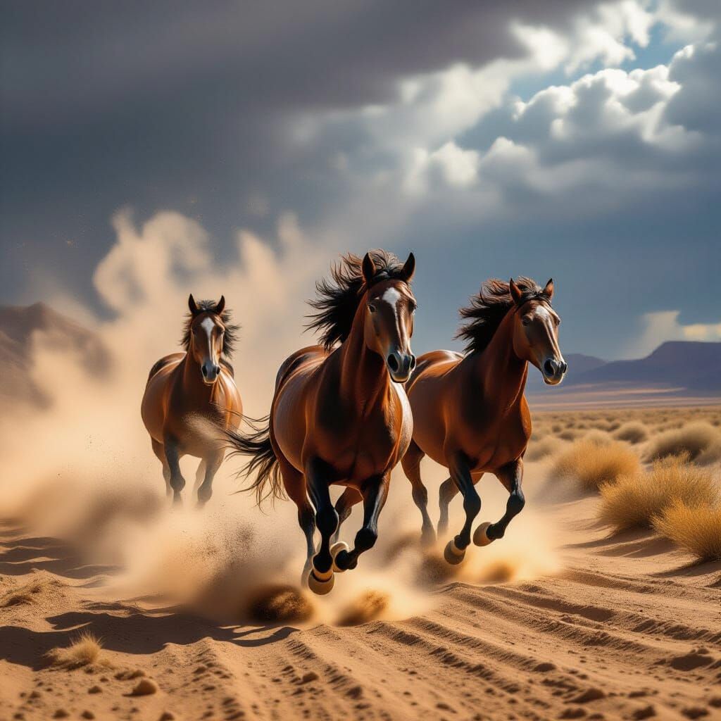 Wild Stallions Galloping in Desert Storm
