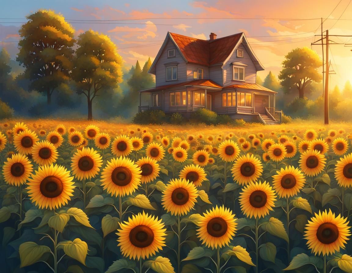 Sunflower Field at Sunrise With Cozy House