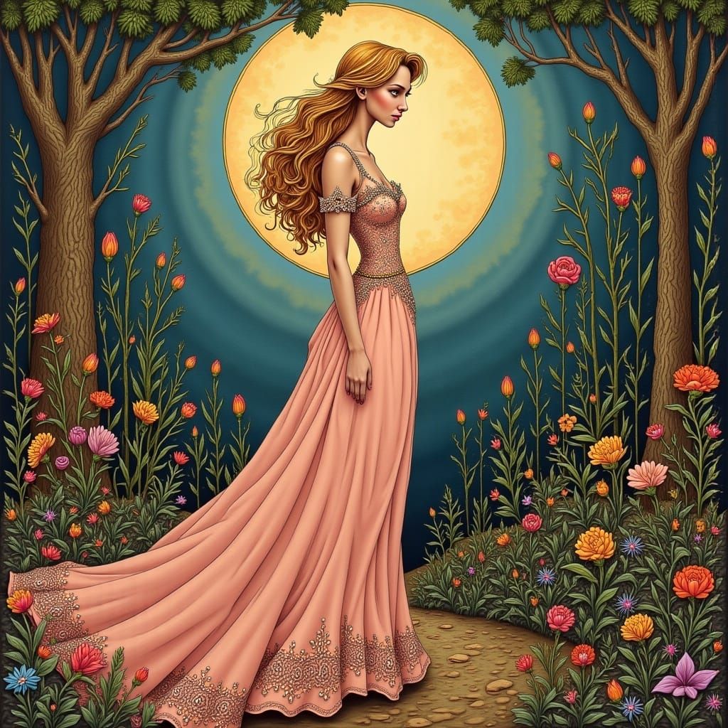 Regal Princess Aurora in Whimsical, Dreamy Garden Scene