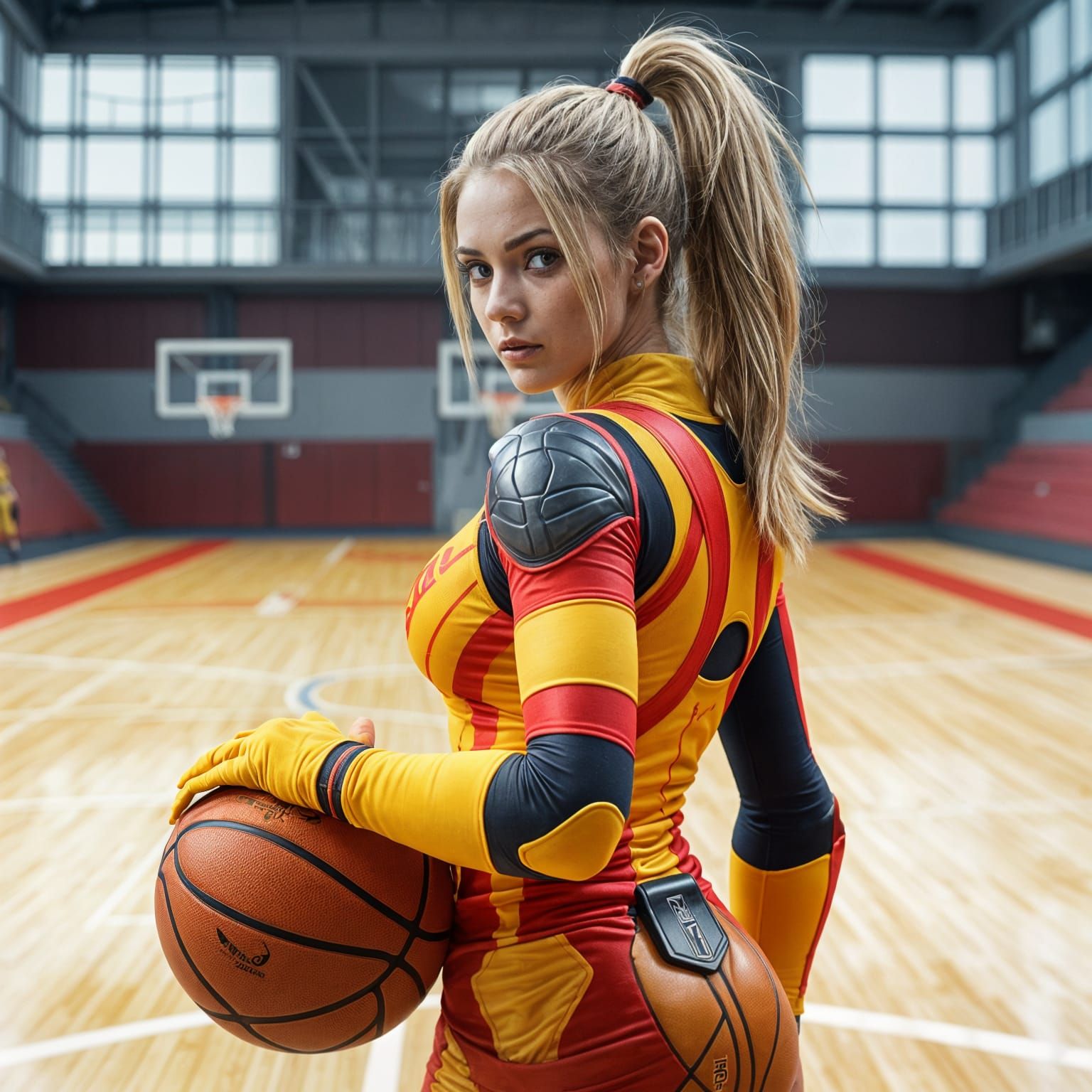 Samus Aran: Futuristic Basketball Star on the Court