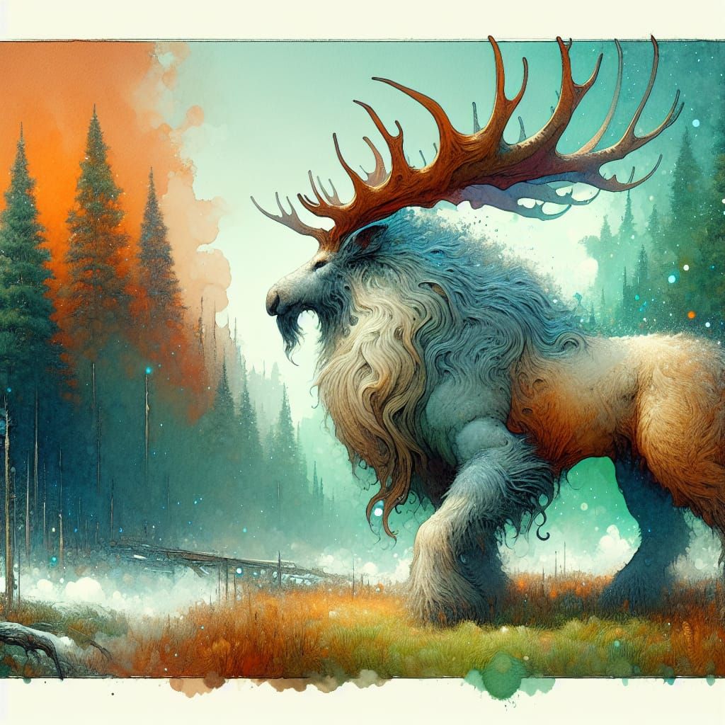 Majestic Moose-Buffalo Hybrid in Watercolor Style