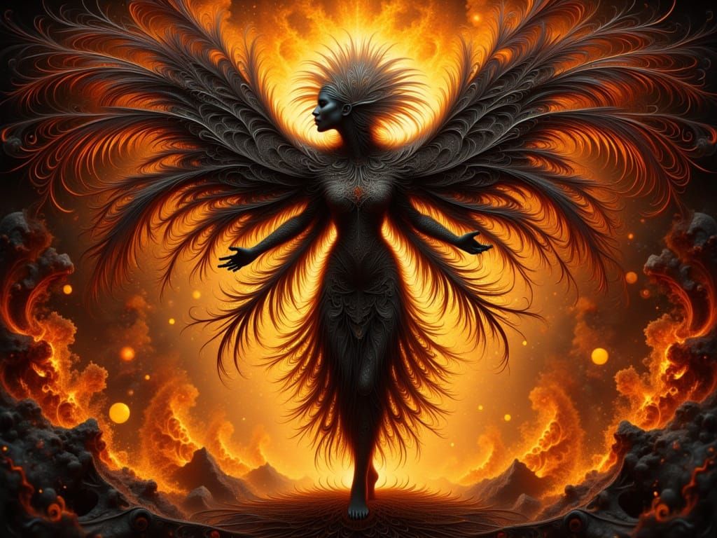 Tribal Dancer Silhouette Amidst Fiery Fractals