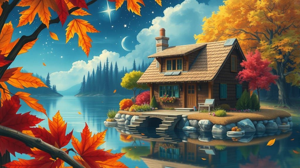Autumn Cottage Dreamscape in Watercolor Style