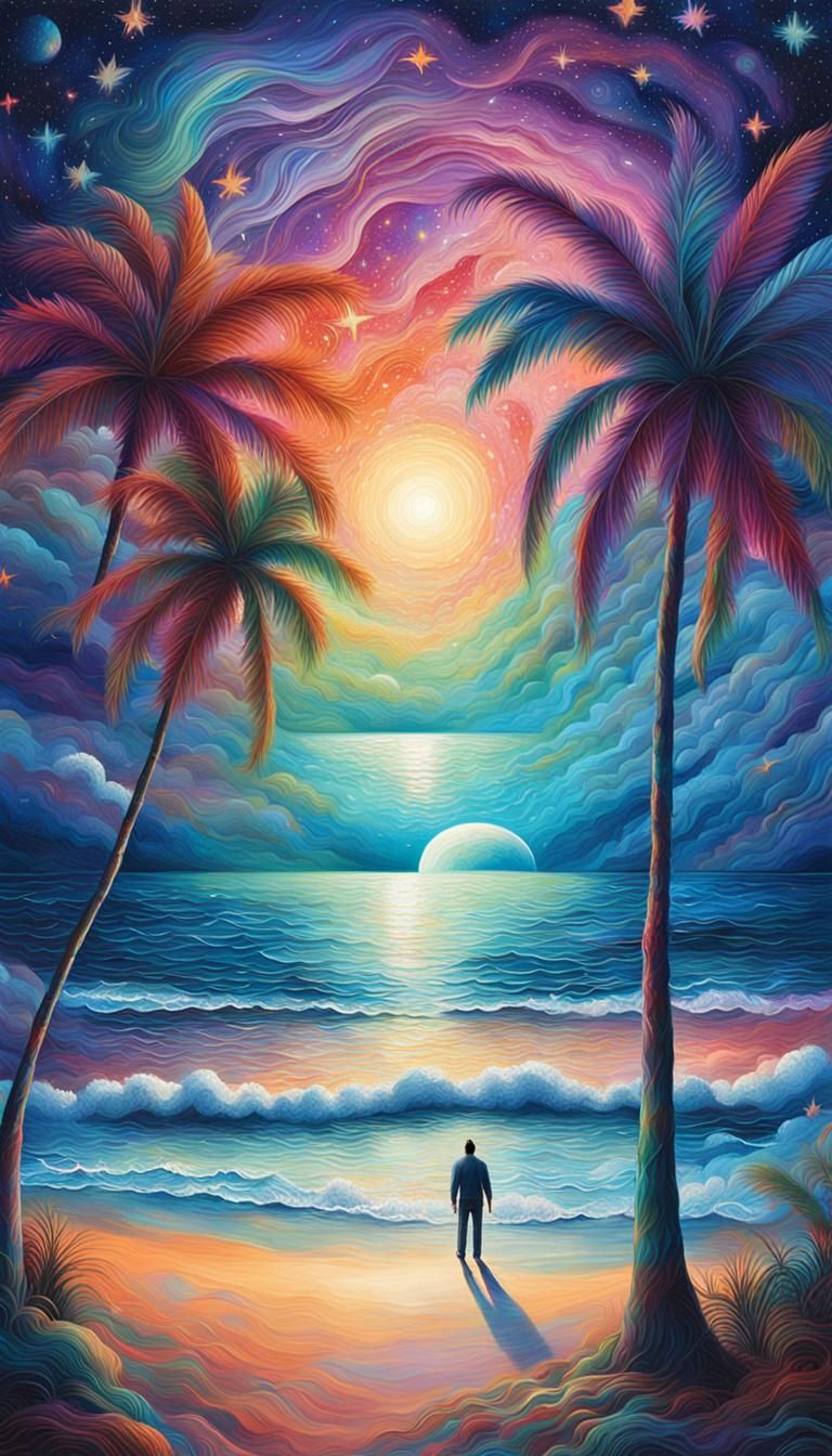 Ethereal Beach Scene in Cosmic Surrealism