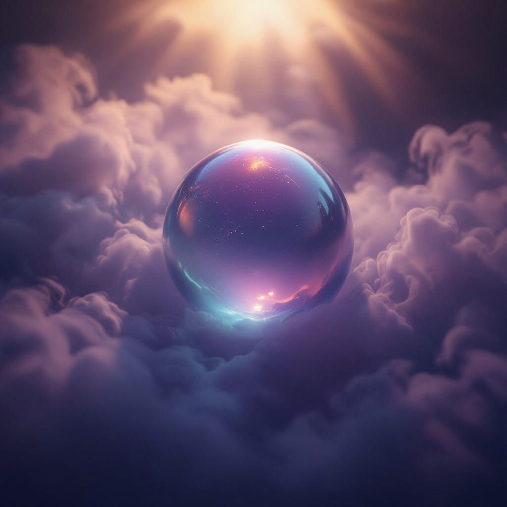 Iridescent Sphere in Swirling Mist, Cinematic Lighting
