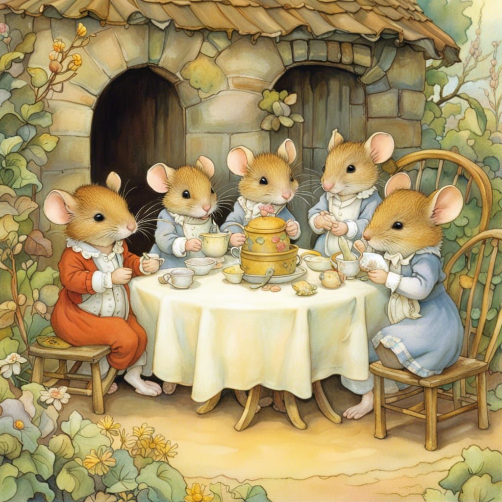 Mice Garden Party in Children's Book Illustration Style