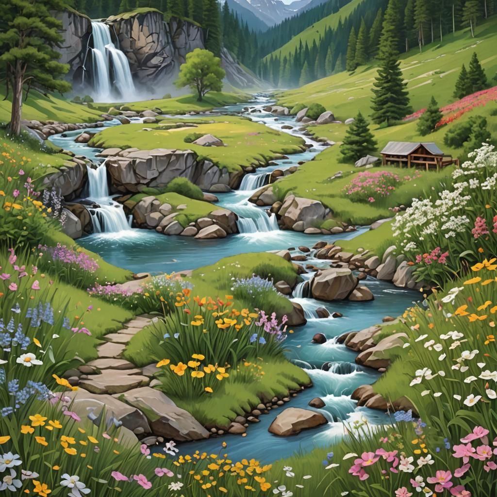Idyllic Meadow Landscape with Stream and Waterfalls
