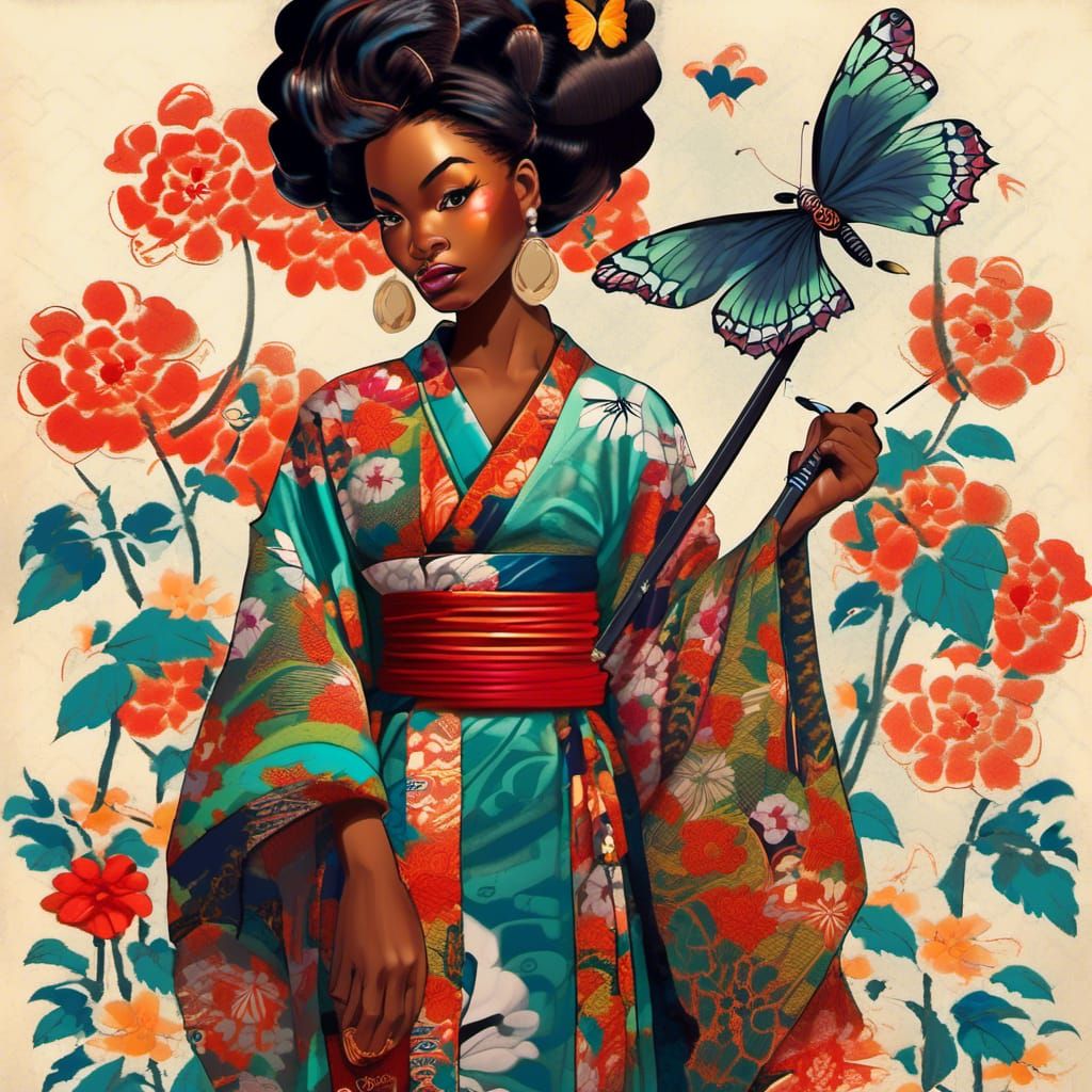 Woman with Katana in Ukiyo-e Anime Style