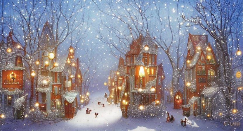 Whimsical Winter Christmas Town in Surrealist Style
