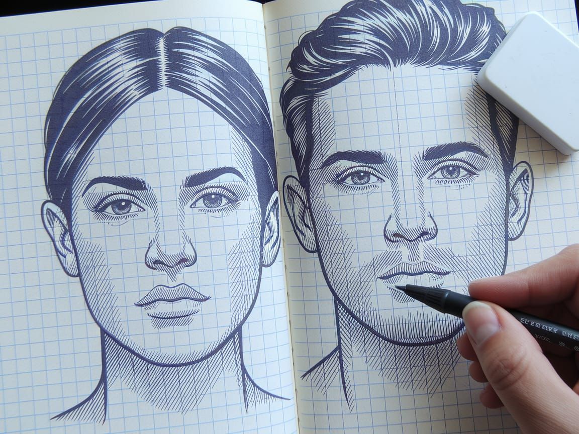 Fine Line Ink Sketch of Identical Faces