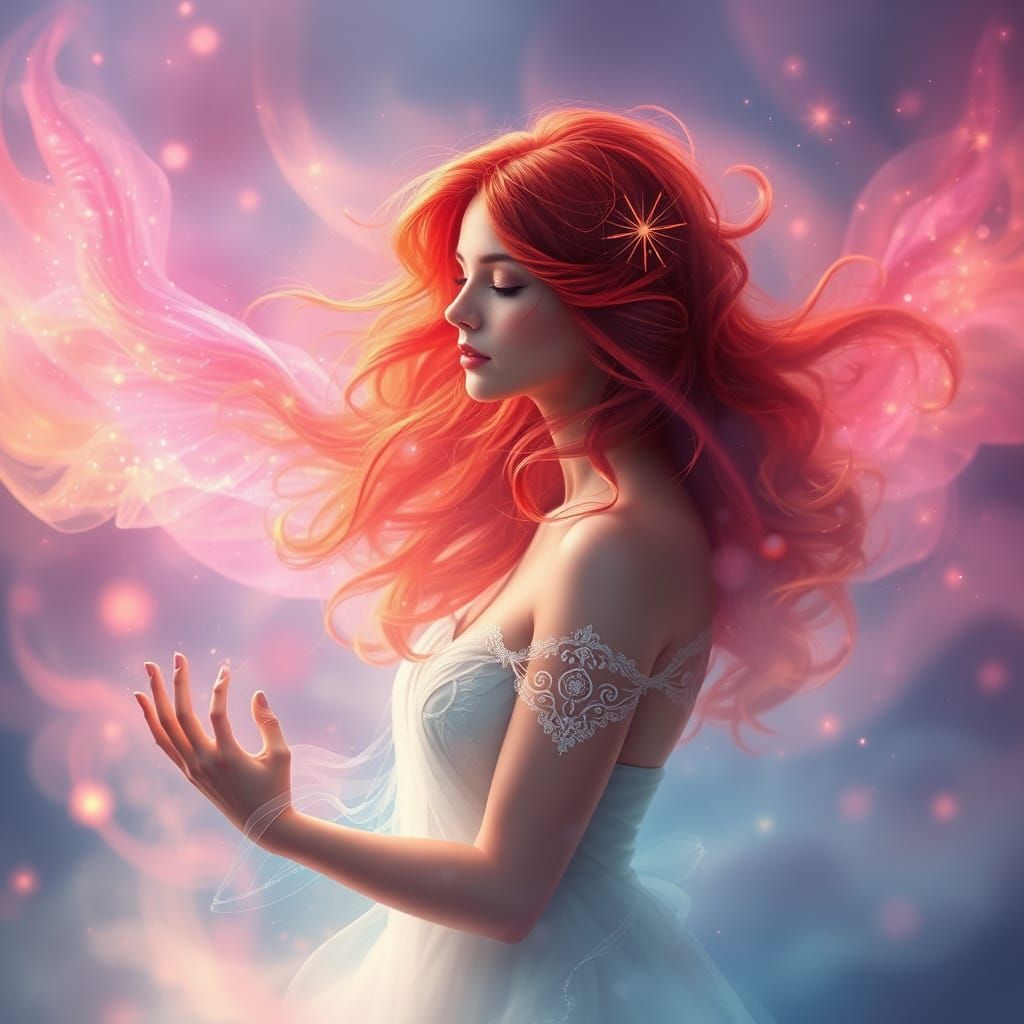 Ethereal Goddess with Red Hair Emitting Magical Energy