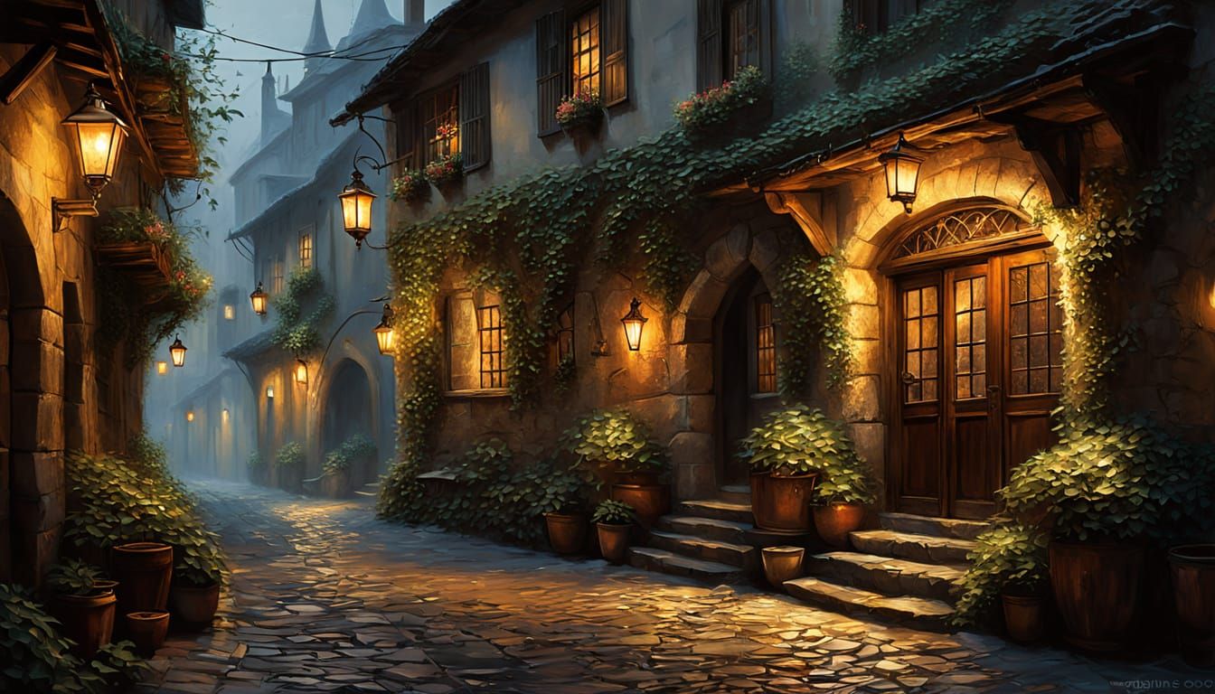 Cozy Medieval Tavern Alleyway at Night