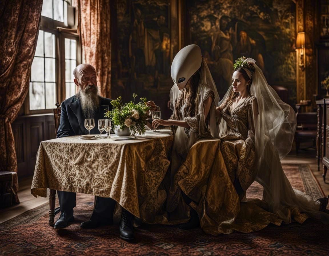 Surreal Alien Restaurant Celebration in Gritty, Hyper-Real S...