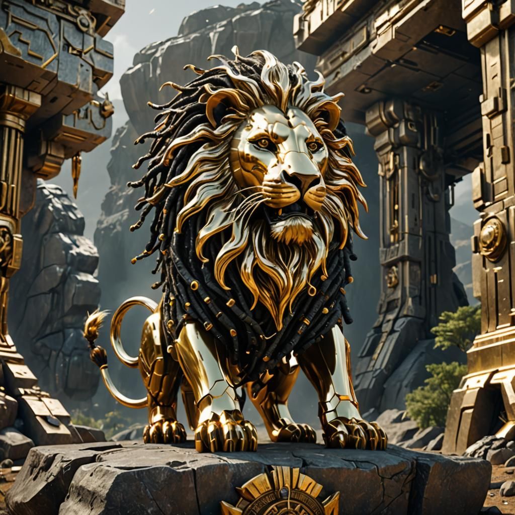 Golden Rasta Lion of Judah in Sci-Fi Style