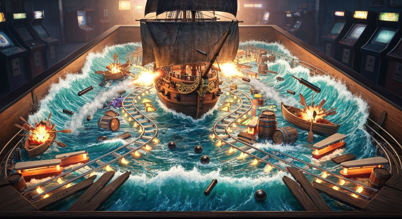 Pirate Battlefield Pinball Machine with Realistic Ocean Wave...