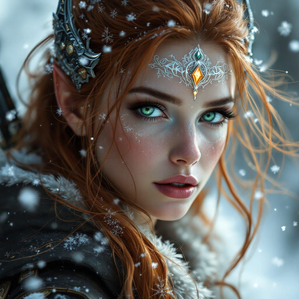 Elven Huntress Portrait in Snowy Landscape