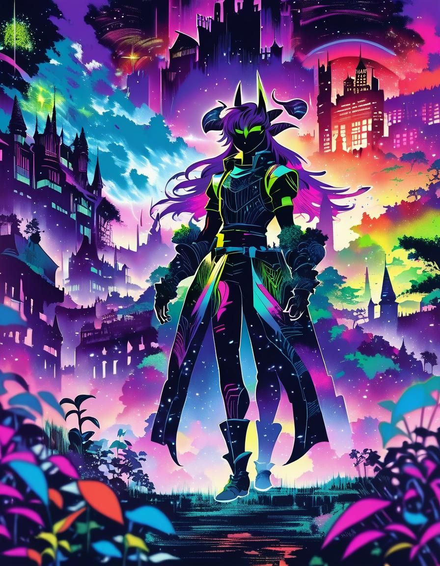 Epic Demon Hero Stands Vigilant in Fantastical Retro City