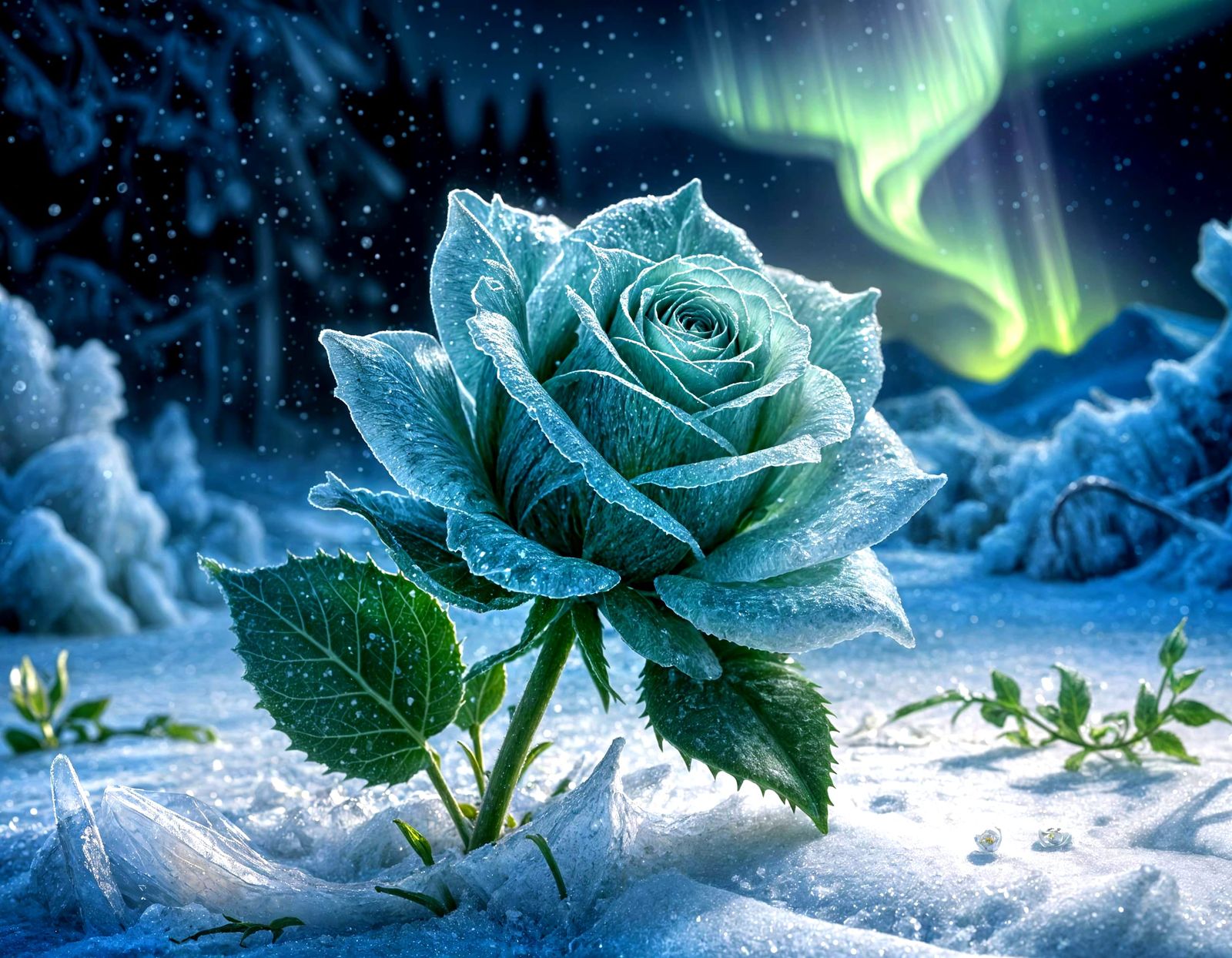 Hyperrealistic Ice Rose Under Winter Aurora