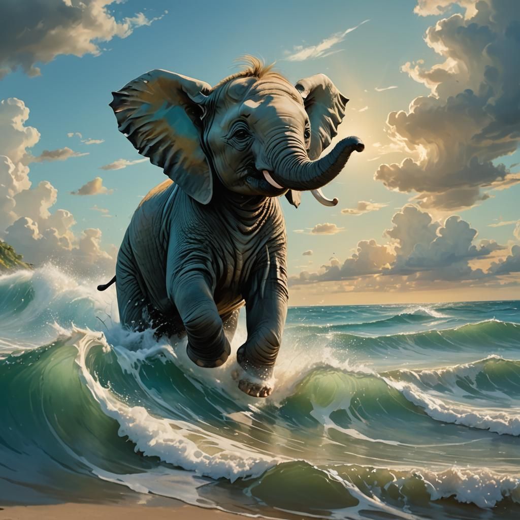 Baby Elephant with Wave, Miyazaki-Inspired Anime