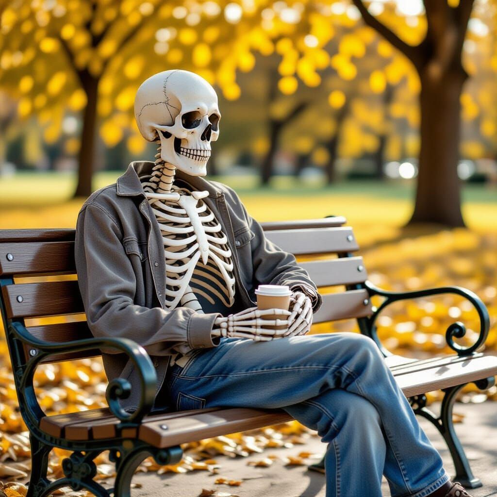 Skeleton Waits Forever on Park Bench with Coffee