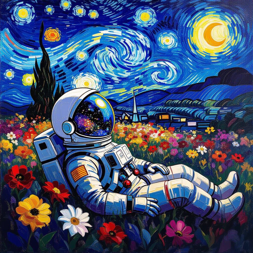 Astronaut in Cosmic Garden, Van Gogh Starry Night Style