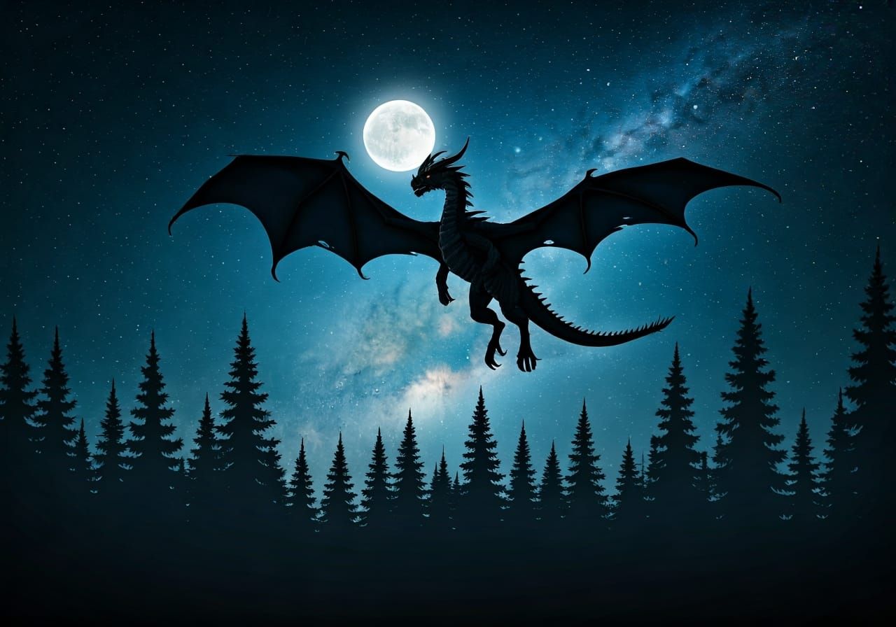 Majestic Dragon Silhouette Soaring Under Moonlight