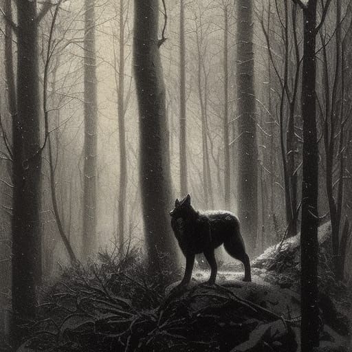 Menacing Wolf with Red Eyes in Snowy Forest