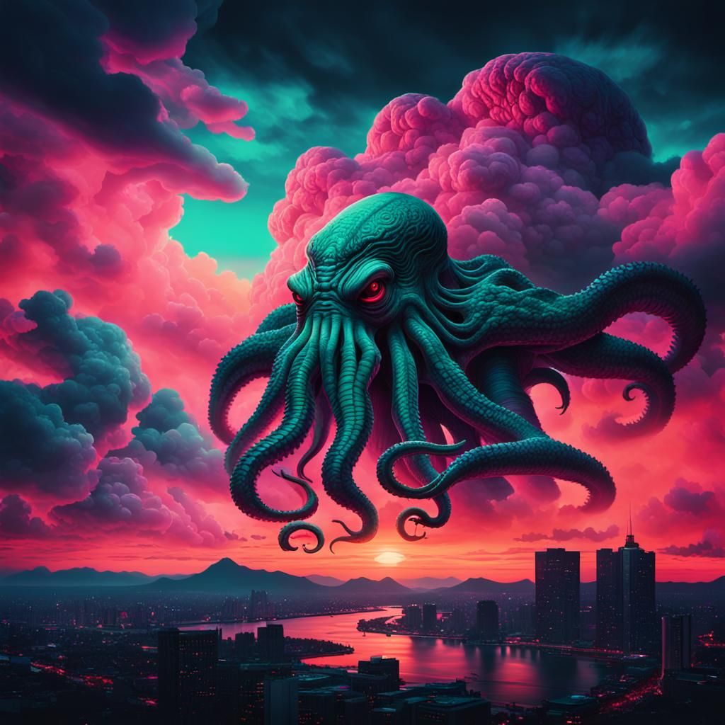 Cthulhu Hidden in Clouds at Dusk: Synthwave Style