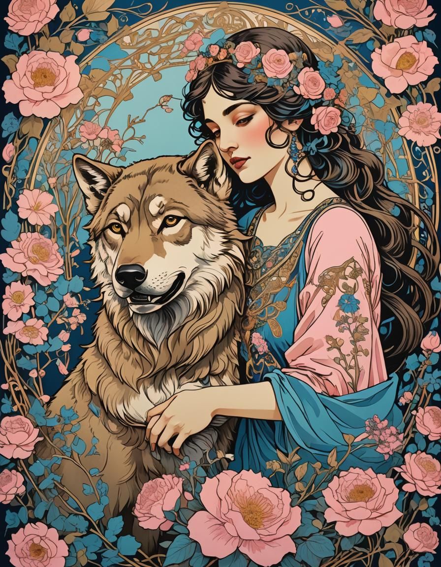 Art Deco Serigraph: Woman, Wolf, and Floral Swirls