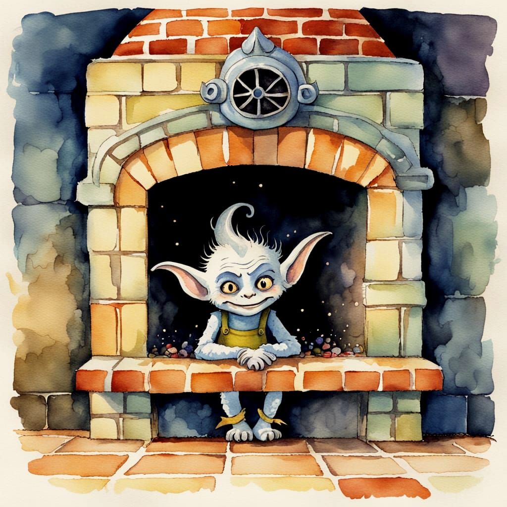 Domovoi Sprite in a Cozy Brick Oven Watercolor