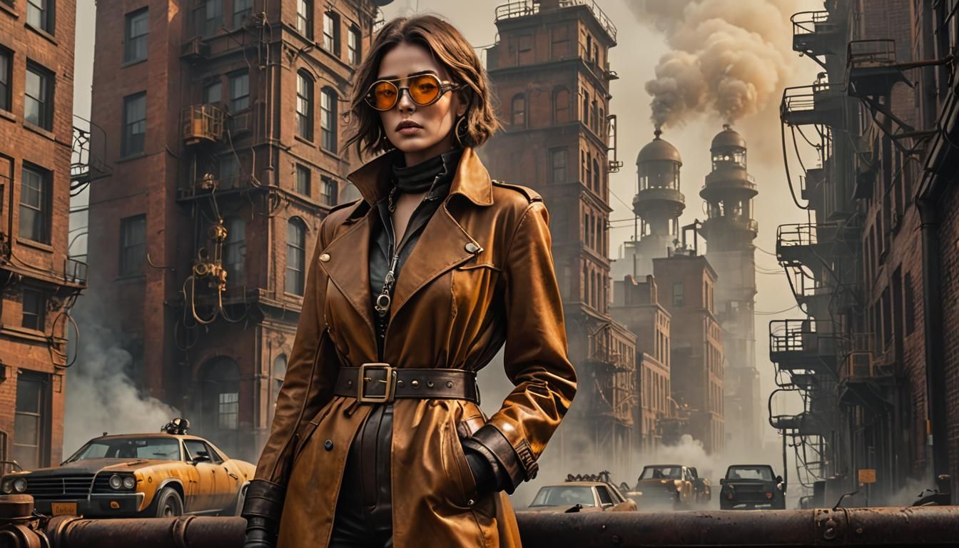 Dieselpunk Girl in Industrial Cityscape with Giger Elements