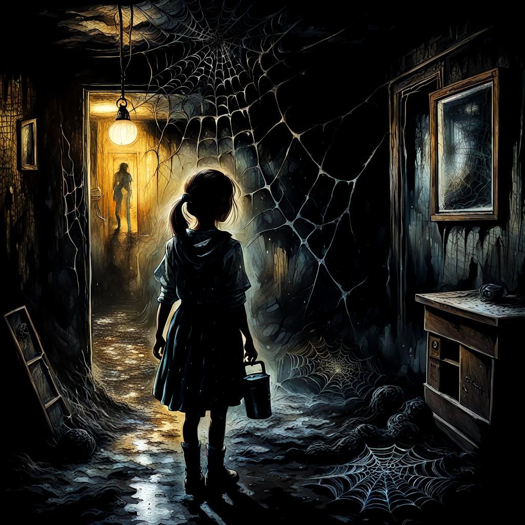 Eerie Basement Scene: Girl with Flashlight in Ink and Oil
