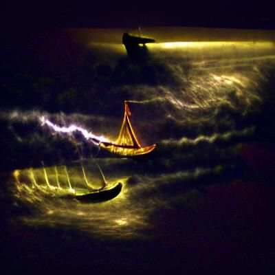 Viking Longboat Sailing a Stormy Sea at Night