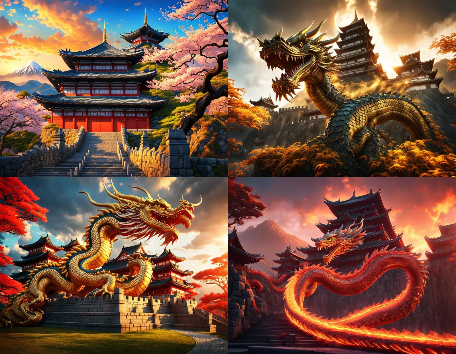 Chinese Dragon Encircling Japanese Castle in 3D Anime Art