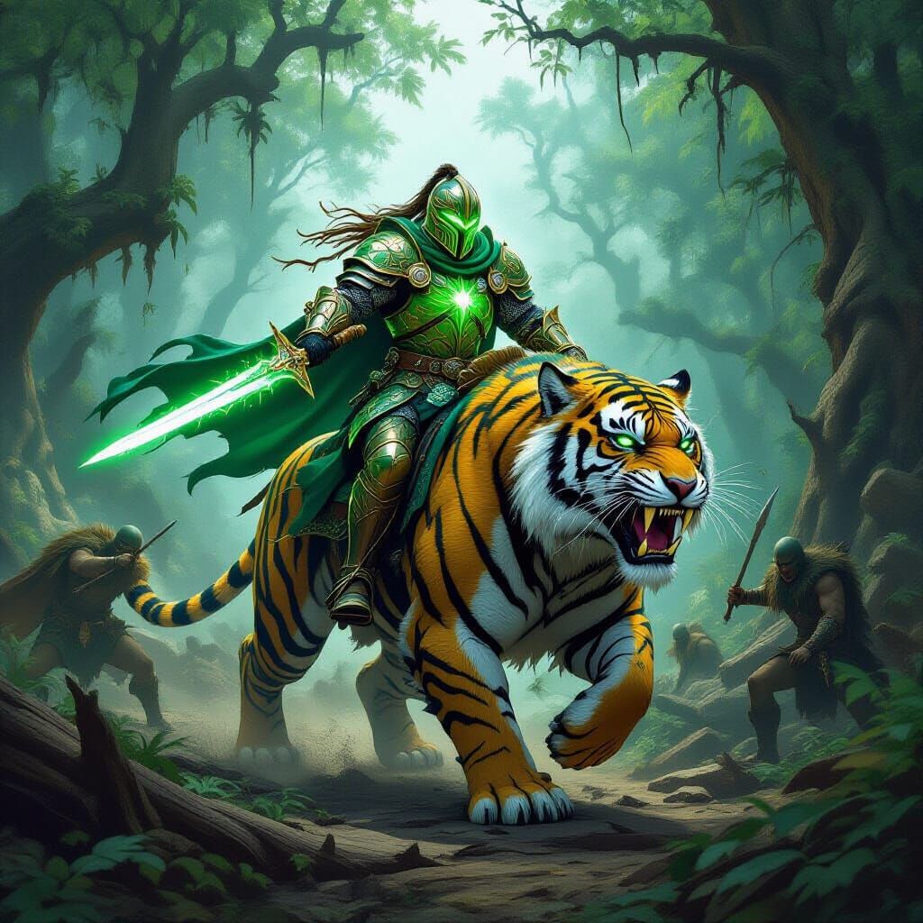 Knight on Armored Tiger in Primeval Jungle