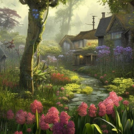 Cottagecore Bog Garden in Spring Sunlight