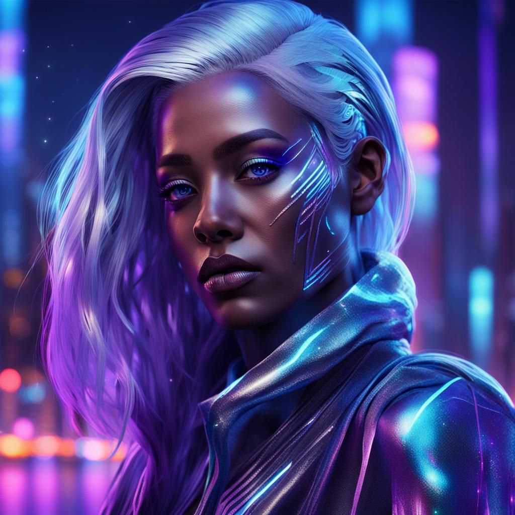 Futuristic Woman with Metallic Skin in Neon Cityscape