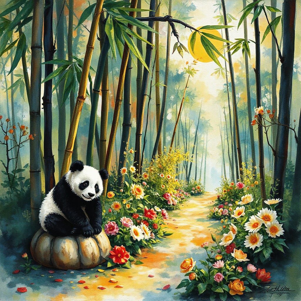 Panda in Bamboo Forest: Expressionist Abstract Watercolour