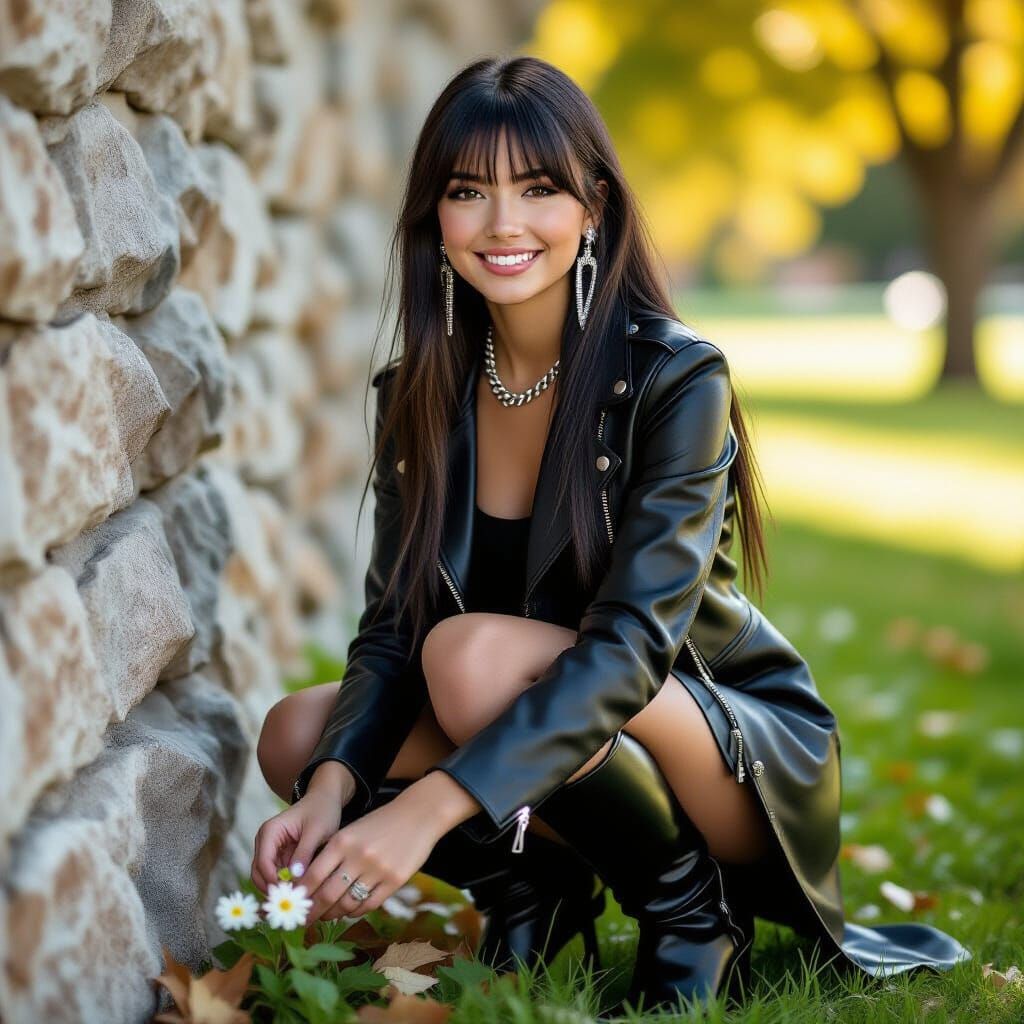 Teenage Girl in Leather Outfit Picking Flower in Park
