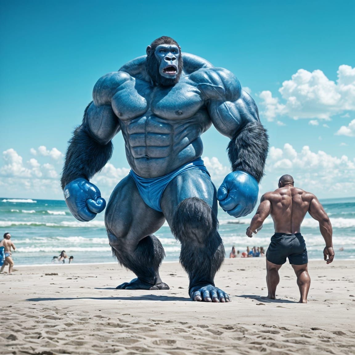 Gigantic Gorilla Smurf Kickboxing Grizzly Bear on Beach