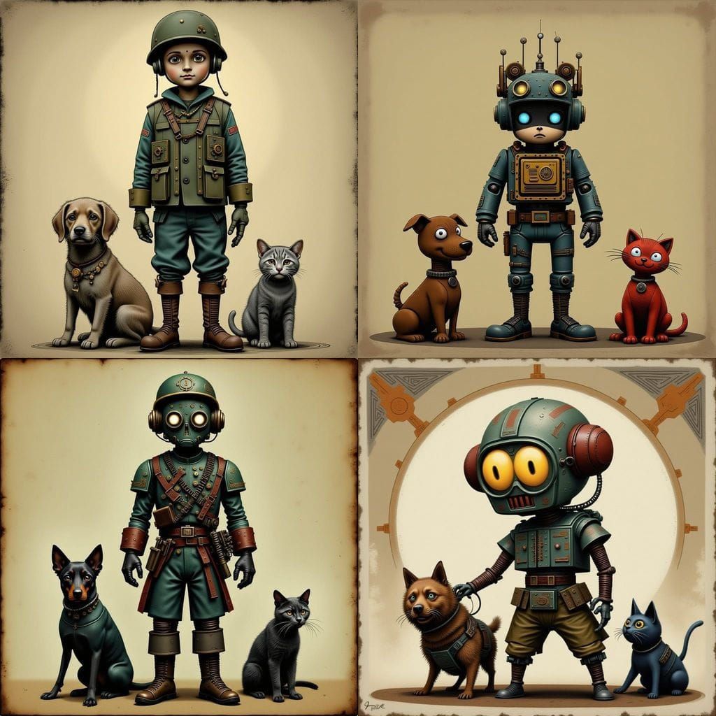 Dieselpunk Child Soldier with Dog and Cat